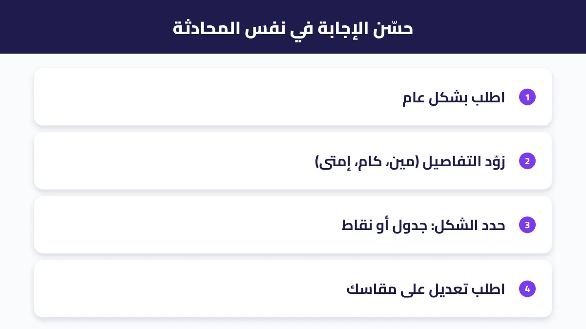 مثال يوضح تحسين الإجابة خطوة بخطوة داخل نفس المحادثة