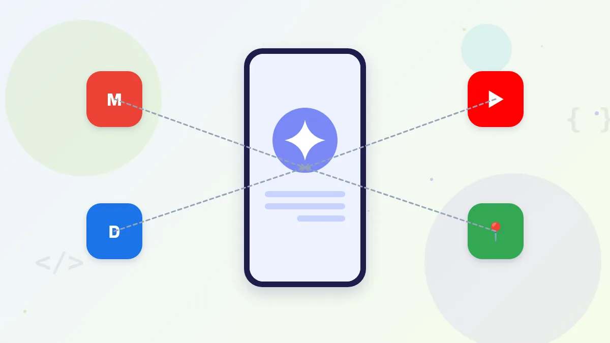 رسم توضيحي لـ Gemini متصل بتطبيقات جوجل مثل Gmail وDrive على الموبايل