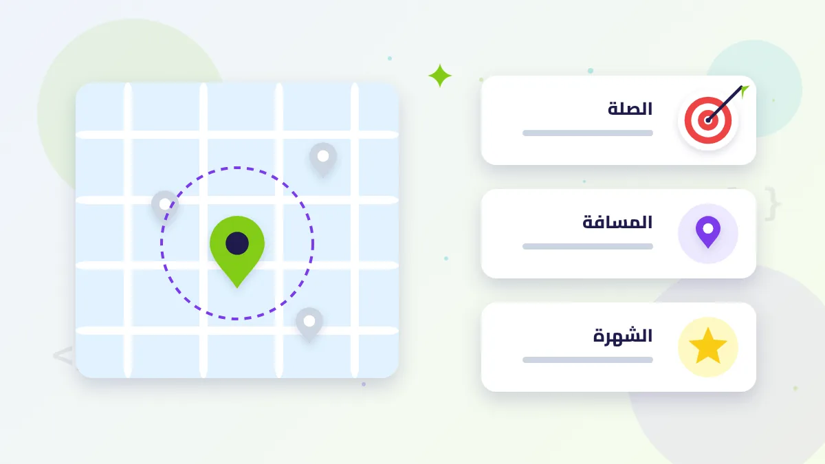 رسم توضيحي لعوامل الظهور في خرائط جوجل: الصلة والمسافة والشهرة حول دبوس النشاط